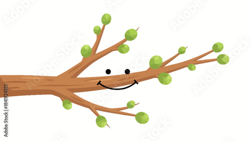 A cartoon tree branch with a smiling face and green bud-like leaves