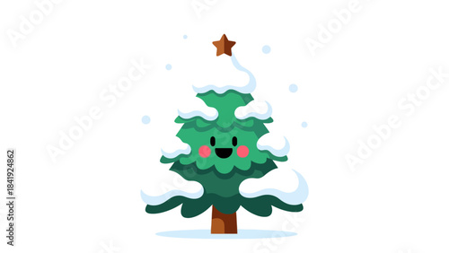 A smiling evergreen tree character covered in snow, with a star topper, and falling snowflakes