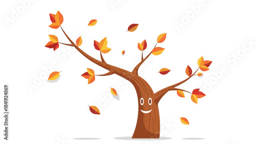 A smiling cartoon tree with colorful autumn leaves falling in the wind on a white background
