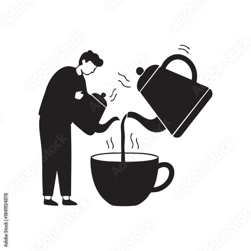 Silhouette of person pouring hot beverage from one teapot to another into cup vector