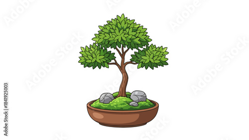 A small cartoon bonsai tree in a brown pot with two rocks and green moss