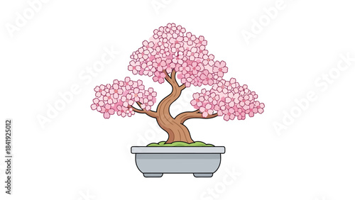 Pixelated illustration of a bonsai tree in full bloom, showcasing pink flowers and brown trunk