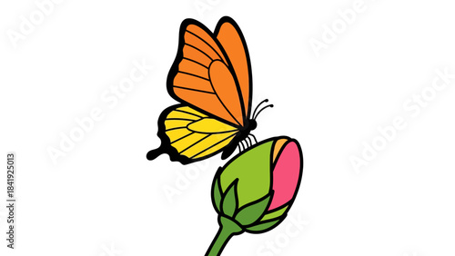 A vibrant orange and yellow butterfly perches delicately upon a colorful, unopened flower bud