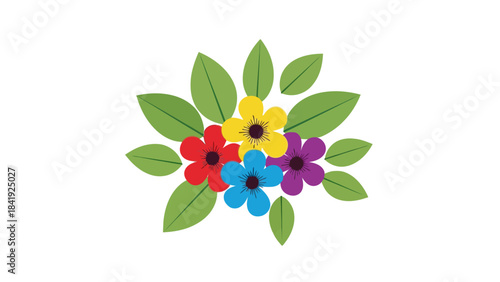 A cluster of colorful flowers, red, blue, yellow, and purple, with green leaves on a white background