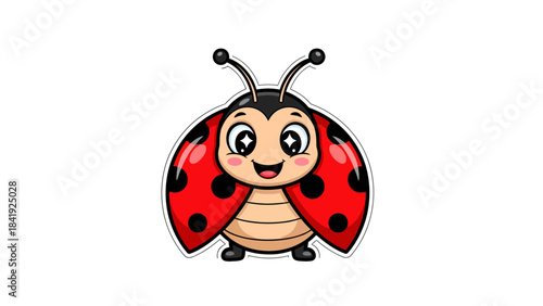 Cute cartoon depiction of a ladybug with big eyes, red wings with spots, and an inviting smile