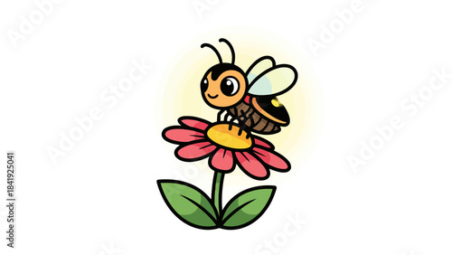 A cartoon bee with big eyes, perched on a pink flower with green leaves. Background is a yellow halo