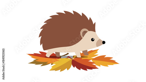 A cartoon hedgehog with brown spines, walking across colorful autumn leaves, on a white background