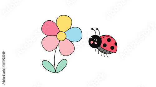 A cute cartoon flower with a ladybug next to it, simple and brightly colored illustration