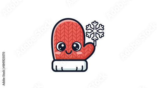 Adorable red knitted mitten character holding a snowflake, set against a pristine white background