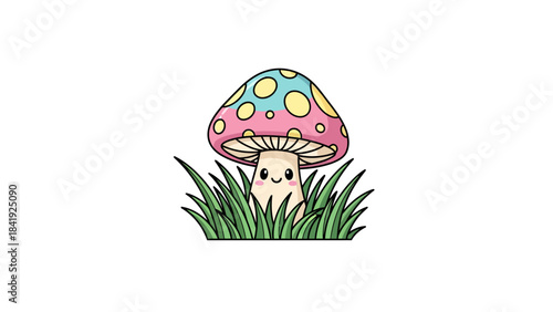 A whimsical cartoon mushroom with a cheerful face and colorful spotted cap in green grass