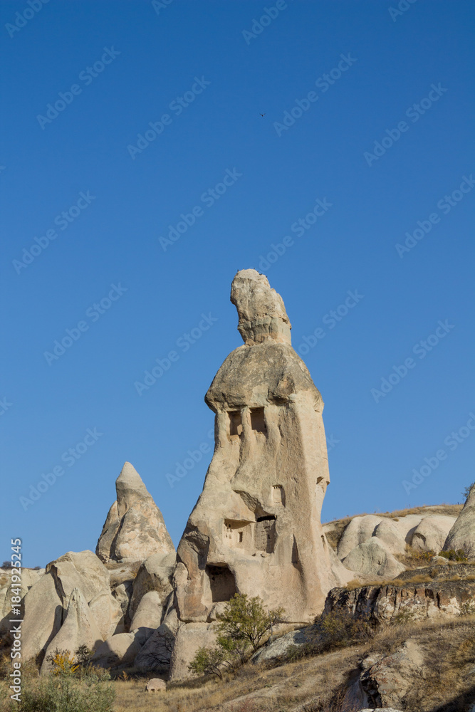 Obraz premium Cappadocia valley in Turkey. Cappadocia rock formation sites and chimneys Love Valley. Tuff volcanic rock pillars and mushrooms in the museum under open sky in Cappadocia turkish famous tourist sight