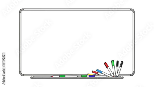 A white rectangular whiteboard with a pen tray and various colorful markers leaning against the board