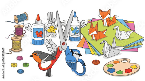 Illustration of art supplies, including scissors with birds, glue bottles, paper, and buttons