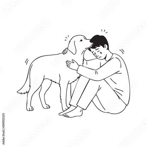 Sad person comforted by a dog in a simple line drawing crying