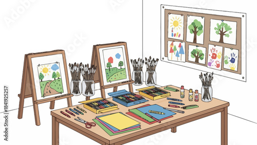 A child's art station, showcasing completed paintings, brushes, paints, crayons, and art supplies