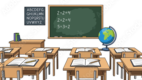 A classroom scene with desks, a chalkboard with equations, and a globe