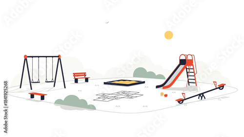 Illustration of a playground with swing set, slide, hopscotch, sandbox and other equipment