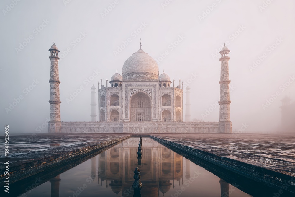 Fototapeta premium White marble mausoleum reflected in water on a foggy day.
