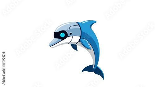 Pixelated illustration of a robotic dolphin with blue and silver colors, white background