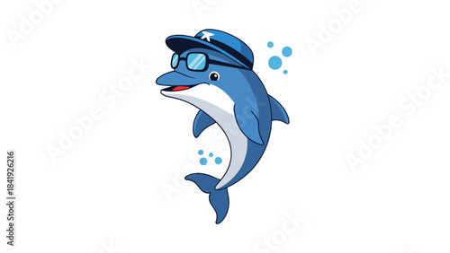 A cartoon dolphin wearing sunglasses and a cap, surrounded by bubbles, set on a white background