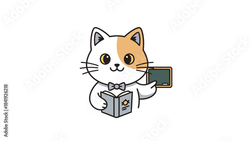 Cute cartoon cat wearing a bow tie, holding a book, and pointing to a chalkboard