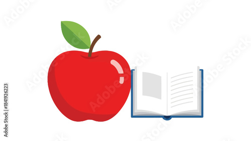 A cartoon image showing a red apple next to an open book. All components are on a white background