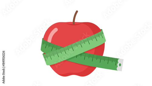 A cartoon image showing a red fruit encircled by a green measuring tape. A healthy lifestyle concept