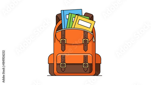 A cartoon backpack, orange with brown accents, filled with colorful books, on a white background