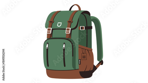 A flat-design illustration of a green and brown backpack. Side view, white background