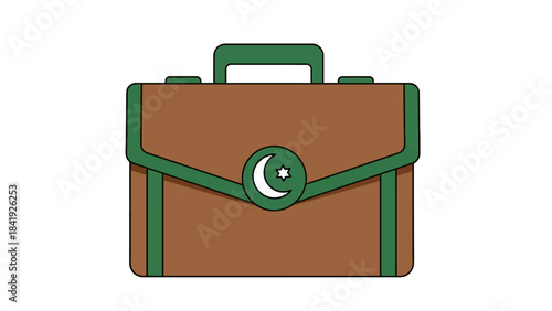 A cartoon briefcase with brown body, green trim, and a crescent moon with a star emblem