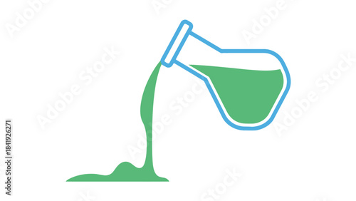 A cartoon-style illustration showing a flask pouring a green liquid. The background is white