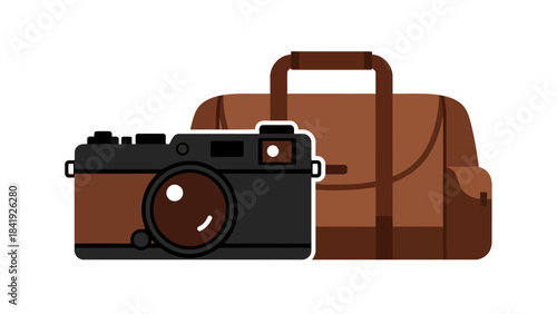 Stylized illustration of a vintage camera and a brown leather satchel with handle on white background