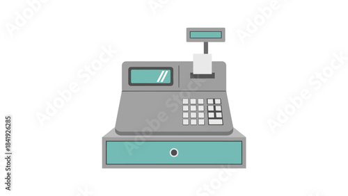 A simple illustration of a cash register, featuring a display, keypad, and a receipt dispenser