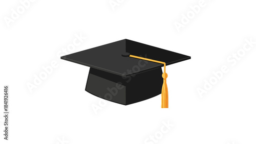 Isometric illustration of a black graduation cap with gold tassel on a white background
