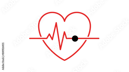 A red heart outline with an internal ECG line, small black dot on horizontal line