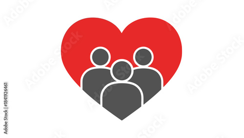 A red heart encloses three grey figures in a white background, symbolizing unity and compassion
