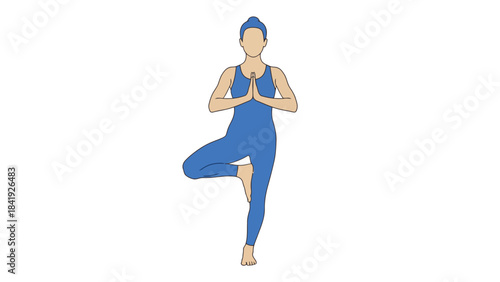 Illustration of person in blue standing, hands together, balancing on one leg