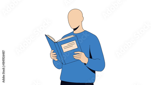 A faceless figure, wearing blue, engrossed in a book, held open with hands. Clean white background