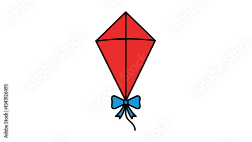 A cartoon-style depiction of a red kite with black lines and a blue bow
