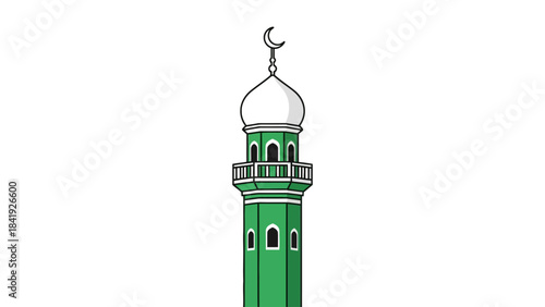 A tall, green and white minaret with a crescent moon finial, set against a blank background