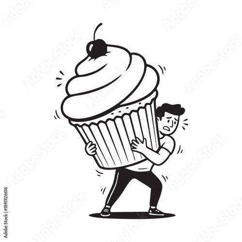 Man struggling to carry giant cupcake with cherry on top huge enormous