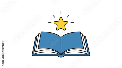 Cartoon illustration featuring an open book with a glowing star above it on a white background