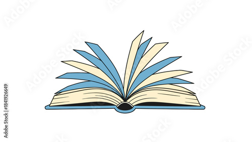 A stylized illustration depicting an open book with pages fanned out in shades of blue and cream
