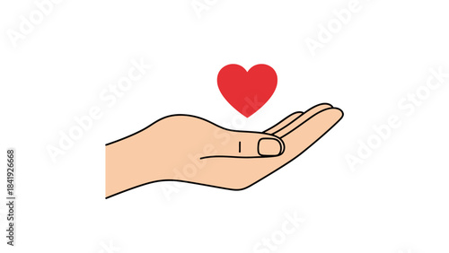 A cartoon depiction of a hand cupped upward, holding a red heart above it, isolated on white