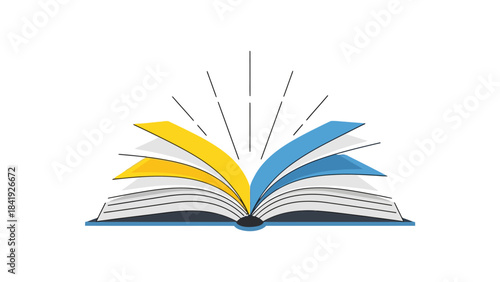 A stylized illustration depicting an open book with pages colored yellow and blue. Lines emanate from the top