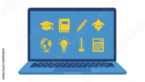A blue laptop displays icons of education symbols graduation cap, book, pencil, globe, lightbulb, trophy, calculator