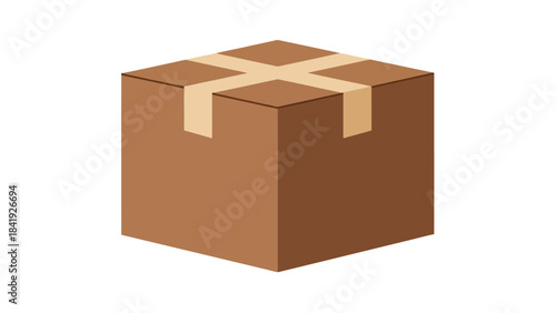 A three-dimensional brown cardboard box sealed with beige tape in an isometric perspective