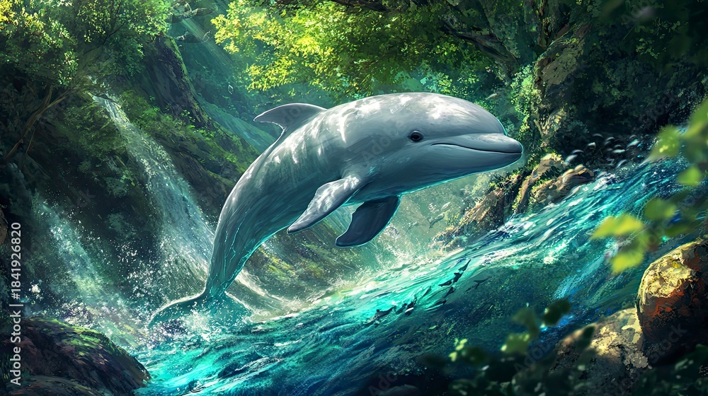 Fototapeta premium A dolphin leaps through a lush, vibrant jungle stream