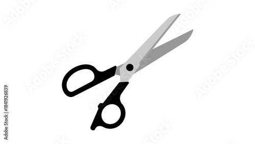 A grayscale illustration of a pair of open scissors, black handles, and silver blades, on a white background