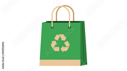 A green tote bag with the recycling symbol. Has tan handles, base. Isolated on white background